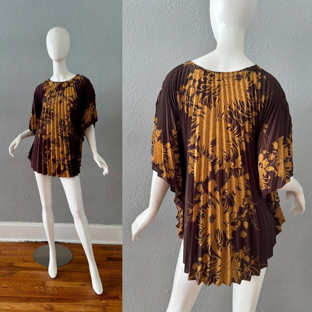 Vintage 60s 70s Brown Accordion Pleated Hawaiian Hippie  Top Blouse